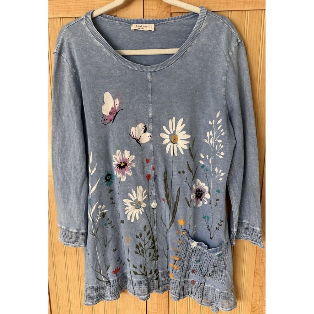 Jess & Jane Women's Size Large Layered Lightweight Floral Pocket Cotton Tunic - Picture 2 of 6